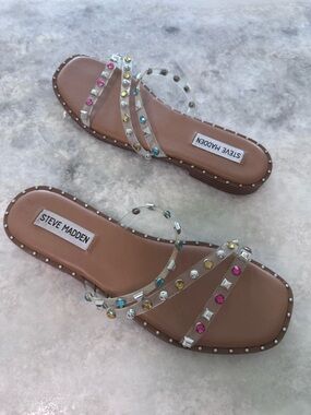 Steve Madden Tan Slide Sandals Womens Size 8 Gem Strap Multicolor Summer Chic